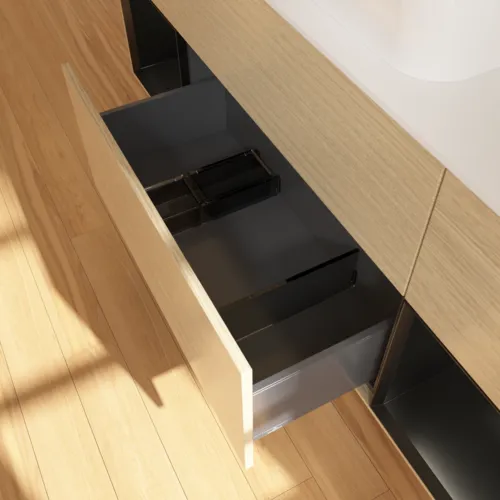 VILLEROY BOCH Toaletní skříňka Finion, s osvětlením, 4 výsuvy, 1600 x 603 x 501 mm, dubová dýha / černý matný lak / bílé matné sklo #F331PDPC, obrázek 7