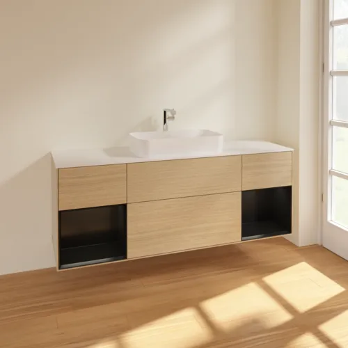 VILLEROY BOCH Toaletní skříňka Finion, s osvětlením, 4 výsuvy, 1600 x 603 x 501 mm, dubová dýha / černý matný lak / bílé matné sklo #F331PDPC, obrázek 2