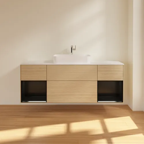 VILLEROY BOCH Toaletní skříňka Finion, s osvětlením, 4 výsuvy, 1600 x 603 x 501 mm, dubová dýha / černý matný lak / bílé matné sklo #F331PDPC, obrázek 3