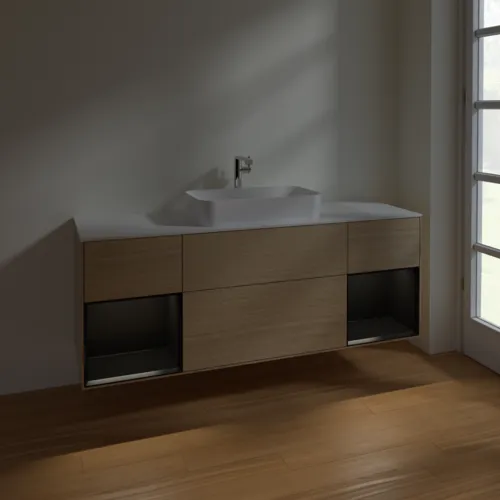 VILLEROY BOCH Toaletní skříňka Finion, s osvětlením, 4 výsuvy, 1600 x 603 x 501 mm, dubová dýha / černý matný lak / bílé matné sklo #F331PDPC, obrázek 5