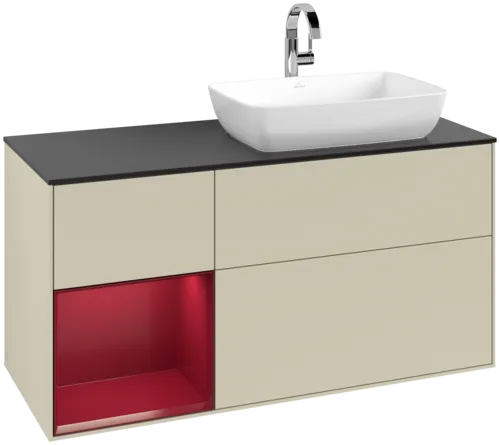 VILLEROY BOCH Toaletní skříňka Finion, s osvětlením, 3 výsuvy, 1200 x 603 x 501 mm, Silk Grey Matt Lacquer / Peony Matt Lacquer / Glass Black Matt #F802HBHJ