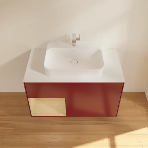 VILLEROY BOCH Toaletní skříňka Finion, s osvětlením, 2 výsuvy, 1000 x 603 x 501 mm, matný lak Peony / dubová dýha / bílé matné sklo #F361PCHB, obrázek 4