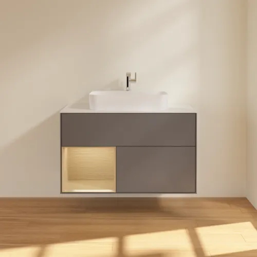 VILLEROY BOCH Toaletní skříňka Finion, s osvětlením, 2 výsuvy, 1000 x 603 x 501 mm, antracit matný lak / dubová dýha / sklo bílé matné #F361PCGK, obrázek 3