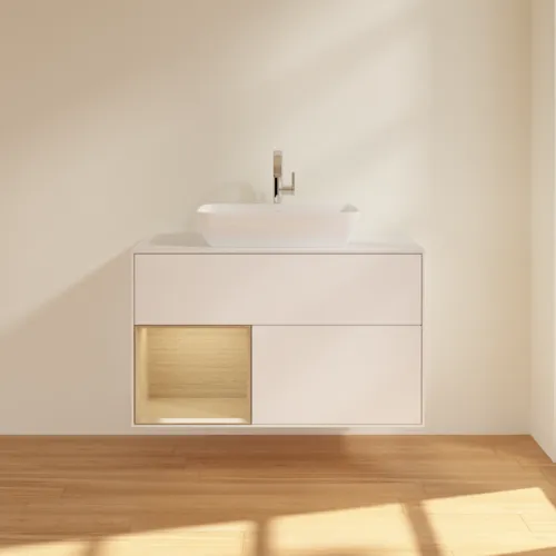 VILLEROY BOCH Toaletní skříňka Finion, s osvětlením, 2 výsuvy, 1000 x 603 x 501 mm, bílý matný lak / dubová dýha / sklo bílé matné #F771PCMT, obrázek 3