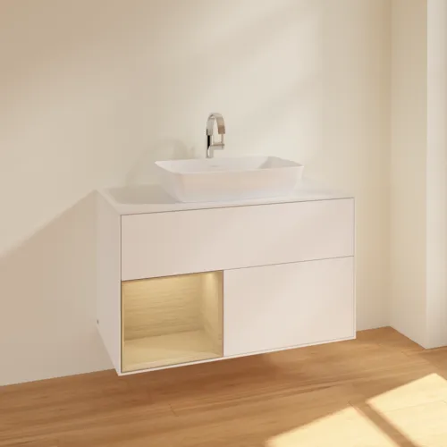VILLEROY BOCH Toaletní skříňka Finion, s osvětlením, 2 výsuvy, 1000 x 603 x 501 mm, bílý matný lak / dubová dýha / sklo bílé matné #F771PCMT, obrázek 2