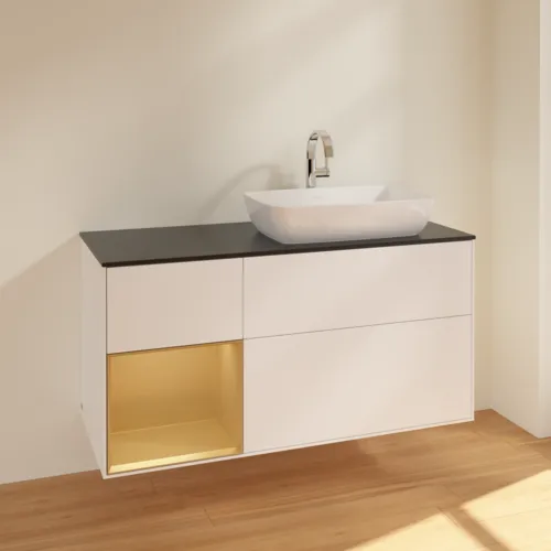 VILLEROY BOCH Toaletní skříňka Finion, s osvětlením, 3 výsuvy, 1200 x 603 x 501 mm, bílý matný lak / zlatý matný lak / černé matné sklo #F802HFMT, obrázek 2