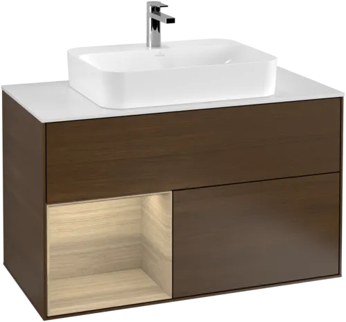 VILLEROY BOCH Umyvadlová skříňka Finion, s osvětlením, 2 výsuvy, 1000 x 603 x 501 mm, ořechová dýha / dubová dýha / sklo bílé matné #F361PCGN, obrázek 1