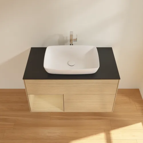 VILLEROY BOCH Toaletní stolek Finion, s osvětlením, 2 výsuvy, 1000 x 603 x 501 mm, dubová dýha / dubová dýha / sklo černé matné #F772PCPC, obrázek 4