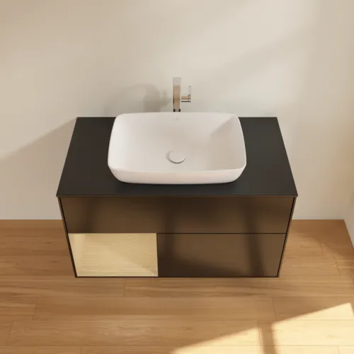 VILLEROY BOCH Toaletní skříňka Finion, s osvětlením, 2 výsuvy, 1000 x 603 x 501 mm, černý matný lak / dubová dýha / černé matné sklo #F772PCPD, obrázek 4