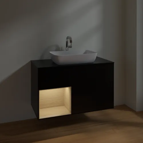 VILLEROY BOCH Toaletní skříňka Finion, s osvětlením, 2 výsuvy, 1000 x 603 x 501 mm, černý matný lak / dubová dýha / černé matné sklo #F772PCPD, obrázek 5