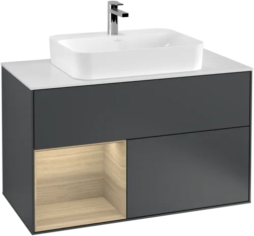 VILLEROY BOCH Toaletní skříňka Finion, s osvětlením, 2 výsuvy, 1000 x 603 x 501 mm, Midnight Blue Matt Lacquer / Oak Veneer / Glass White Matt #F361PCHG