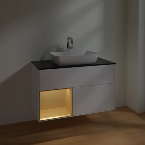 VILLEROY BOCH Toaletní skříňka Finion, s osvětlením, 2 výsuvy, 1000 x 603 x 501 mm, bílý matný lak / zlatý matný lak / černé matné sklo #F772HFMT, obrázek 5
