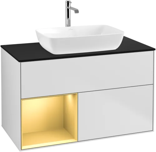 VILLEROY BOCH Toaletní skříňka Finion, s osvětlením, 2 výsuvy, 1000 x 603 x 501 mm, bílý matný lak / zlatý matný lak / černé matné sklo #F772HFMT