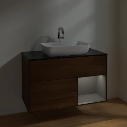 VILLEROY BOCH Toaletní stolek Finion, s osvětlením, 2 výsuvy, 1000 x 603 x 501 mm, ořechová dýha / antracitový matný lak / černé matné sklo #F782GKGN, obrázek 5