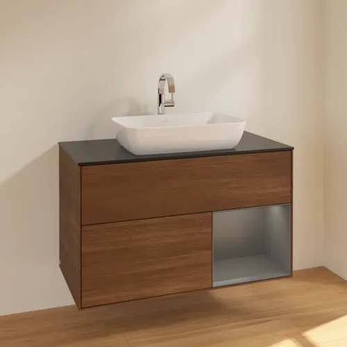 VILLEROY BOCH Toaletní stolek Finion, s osvětlením, 2 výsuvy, 1000 x 603 x 501 mm, ořechová dýha / antracitový matný lak / černé matné sklo #F782GKGN, obrázek 2