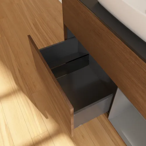 VILLEROY BOCH Toaletní stolek Finion, s osvětlením, 2 výsuvy, 1000 x 603 x 501 mm, ořechová dýha / antracitový matný lak / černé matné sklo #F782GKGN, obrázek 7