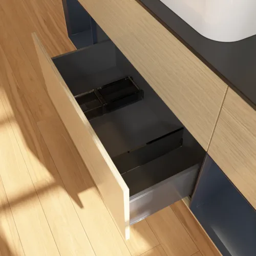 VILLEROY BOCH Toaletní skříňka Finion, s osvětlením, 4 výsuvy, 1600 x 603 x 501 mm, dubová dýha / půlnočně modrý matný lak / černé matné sklo #F332HGPC, obrázek 7
