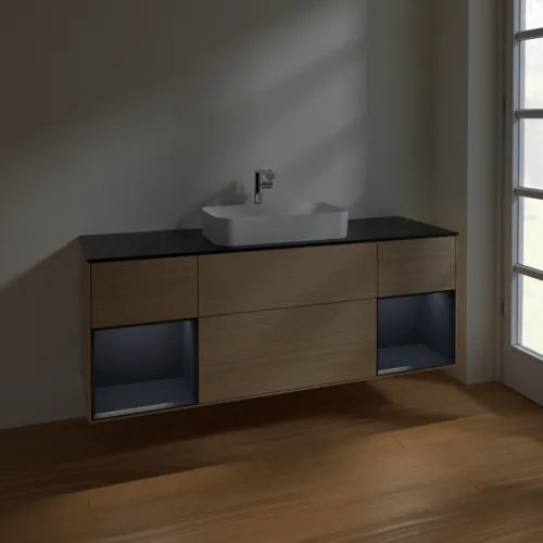 VILLEROY BOCH Toaletní skříňka Finion, s osvětlením, 4 výsuvy, 1600 x 603 x 501 mm, dubová dýha / půlnočně modrý matný lak / černé matné sklo #F332HGPC, obrázek 5