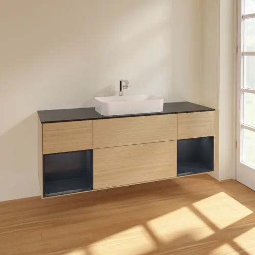 VILLEROY BOCH Toaletní skříňka Finion, s osvětlením, 4 výsuvy, 1600 x 603 x 501 mm, dubová dýha / půlnočně modrý matný lak / černé matné sklo #F332HGPC, obrázek 2