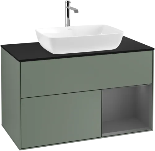 VILLEROY BOCH Toaletní skříňka Finion, s osvětlením, 2 výsuvy, 1000 x 603 x 501 mm, olivový matný lak / antracitový matný lak / černé matné sklo #F782GKGM, obrázek 1