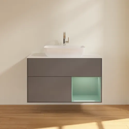 VILLEROY BOCH Toaletní skříňka Finion, s osvětlením, 2 výsuvy, 1000 x 603 x 501 mm, antracitový matný lak / olivový matný lak / bílé matné sklo #F781GMGK, obrázek 3