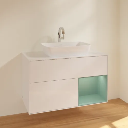 VILLEROY BOCH Toaletní skříňka Finion, s osvětlením, 2 výsuvy, 1000 x 603 x 501 mm, lesklý bílý lak / olivově matný lak / sklo bílé matné #F781GMGF, obrázek 2