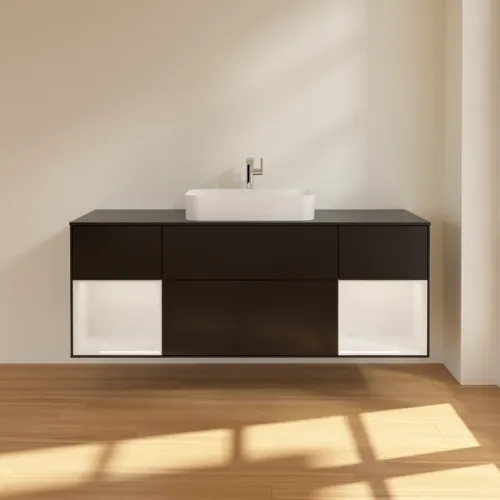 VILLEROY BOCH Toaletní skříňka Finion, s osvětlením, 4 výsuvy, 1600 x 603 x 501 mm, černý matný lak / bílý lesklý lak / černé matné sklo #F332GFPD, obrázek 3