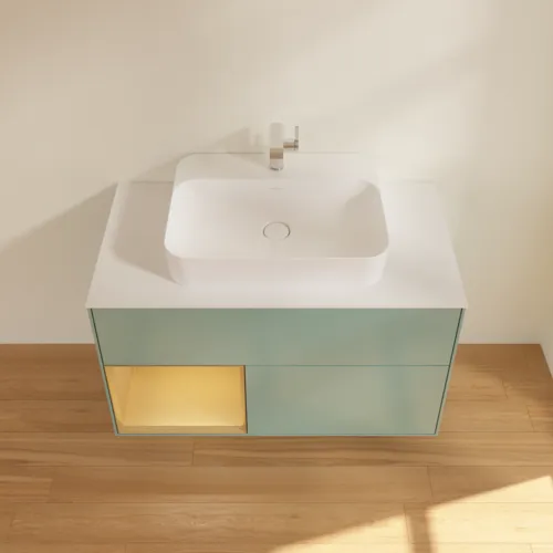 VILLEROY BOCH Toaletní skříňka Finion, s osvětlením, 2 výsuvy, 1000 x 603 x 501 mm, olivový matný lak / zlatý matný lak / bílé matné sklo #F361HFGM, obrázek 4