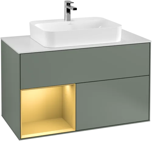 VILLEROY BOCH Toaletní skříňka Finion, s osvětlením, 2 výsuvy, 1000 x 603 x 501 mm, olivový matný lak / zlatý matný lak / bílé matné sklo #F361HFGM