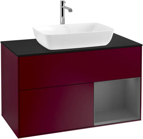 VILLEROY BOCH Toaletní skříňka Finion, s osvětlením, 2 výsuvy, 1000 x 603 x 501 mm, Pivoňka matný lak / Antracit matný lak / Sklo černé matné #F782GKHB, obrázek 1