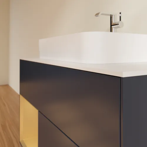 VILLEROY BOCH Toaletní skříňka Finion, s osvětlením, 2 výsuvy, 1000 x 603 x 501 mm, Midnight Blue Matt Lacquer / Gold Matt Lacquer / Glass White Matt #F361HFHG, obrázek 6