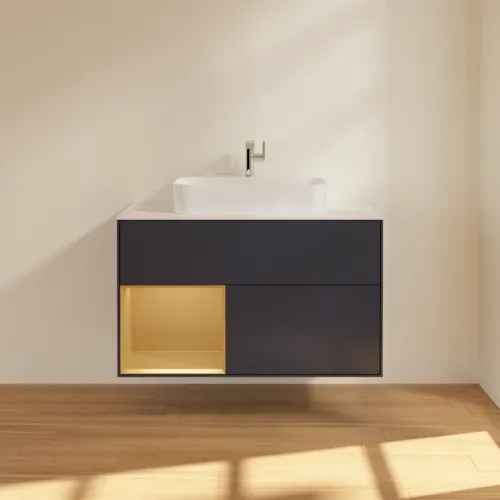 VILLEROY BOCH Toaletní skříňka Finion, s osvětlením, 2 výsuvy, 1000 x 603 x 501 mm, Midnight Blue Matt Lacquer / Gold Matt Lacquer / Glass White Matt #F361HFHG, obrázek 3