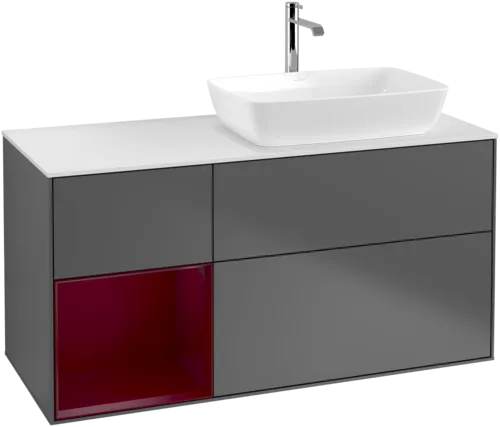 VILLEROY BOCH Toaletní skříňka Finion, s osvětlením, 3 výsuvy, 1200 x 603 x 501 mm, antracitový matný lak / pivoňkový matný lak / bílé matné sklo #F801HBGK, obrázek 1