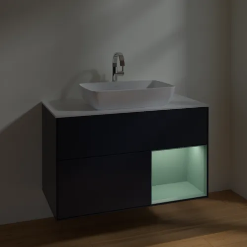 VILLEROY BOCH Toaletní skříňka Finion, s osvětlením, 2 výsuvy, 1000 x 603 x 501 mm, Midnight Blue Matt Lacquer / Olive Matt Lacquer / Glass White Matt #F781GMHG, obrázek 5