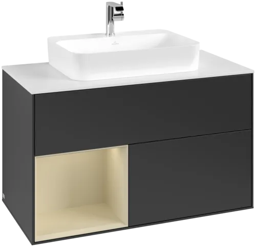 VILLEROY BOCH Toaletní skříňka Finion, s osvětlením, 2 výsuvy, 1000 x 603 x 501 mm, černý matný lak / hedvábně šedý matný lak / bílé matné sklo #F361HJPD