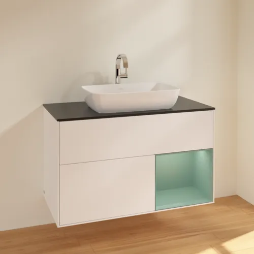VILLEROY BOCH Toaletní skříňka Finion, s osvětlením, 2 výsuvy, 1000 x 603 x 501 mm, bílý matný lak / olivový matný lak / černé matné sklo #F782GMMT, obrázek 2