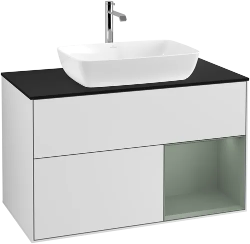 VILLEROY BOCH Toaletní skříňka Finion, s osvětlením, 2 výsuvy, 1000 x 603 x 501 mm, bílý matný lak / olivový matný lak / černé matné sklo #F782GMMT