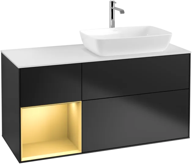 VILLEROY BOCH Toaletní skříňka Finion, s osvětlením, 3 výsuvy, 1200 x 603 x 501 mm, černý matný lak / zlatý matný lak / bílé matné sklo #F801HFPD, obrázek 1