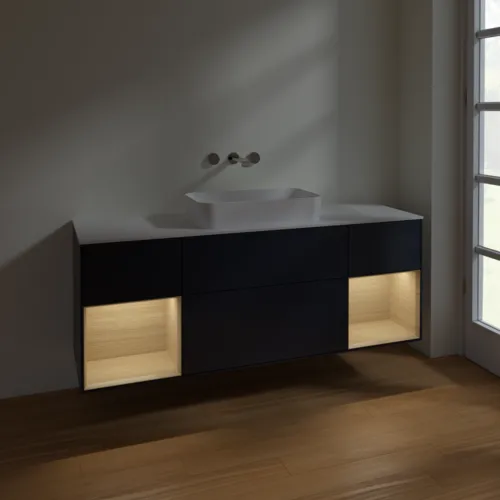 VILLEROY BOCH Toaletní skříňka Finion, s osvětlením, 4 výsuvy, 1600 x 603 x 501 mm, matný lak Midnight Blue / dubová dýha / matné bílé sklo #F741PCHG, obrázek 5