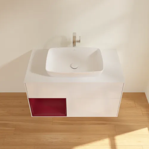 VILLEROY BOCH Toaletní skříňka Finion, s osvětlením, 2 výsuvy, 1000 x 603 x 501 mm, lesklý bílý lak / matný lak Pivoňka / matné bílé sklo #F771HBGF, obrázek 4