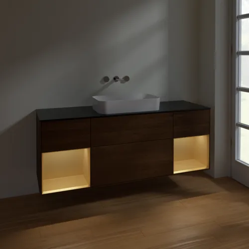 VILLEROY BOCH Toaletní skříňka Finion, s osvětlením, 4 výsuvy, 1600 x 603 x 501 mm, ořechová dýha / zlatý matný lak / sklo černé matné #F742HFGN, obrázek 5