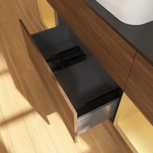 VILLEROY BOCH Toaletní skříňka Finion, s osvětlením, 4 výsuvy, 1600 x 603 x 501 mm, ořechová dýha / zlatý matný lak / sklo černé matné #F742HFGN, obrázek 7