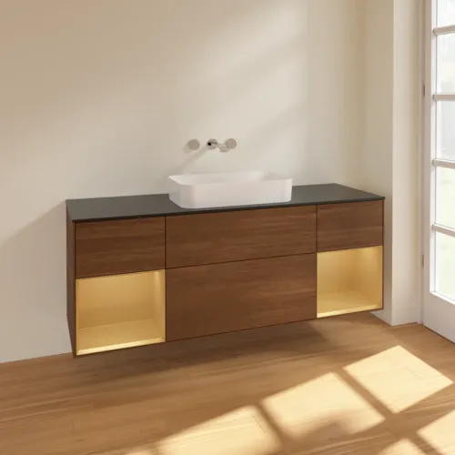 VILLEROY BOCH Toaletní skříňka Finion, s osvětlením, 4 výsuvy, 1600 x 603 x 501 mm, ořechová dýha / zlatý matný lak / sklo černé matné #F742HFGN, obrázek 2