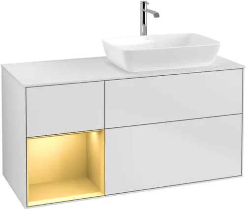 VILLEROY BOCH Toaletní skříňka Finion, s osvětlením, 3 výsuvy, 1200 x 603 x 501 mm, bílý matný lak / zlatý matný lak / bílé matné sklo #F801HFMT, obrázek 1