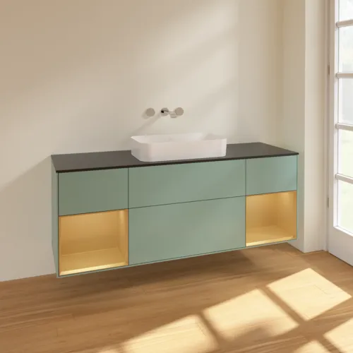 VILLEROY BOCH Toaletní skříňka Finion, s osvětlením, 4 výsuvy, 1600 x 603 x 501 mm, olivový matný lak / zlatý matný lak / černé matné sklo #F742HFGM, obrázek 2