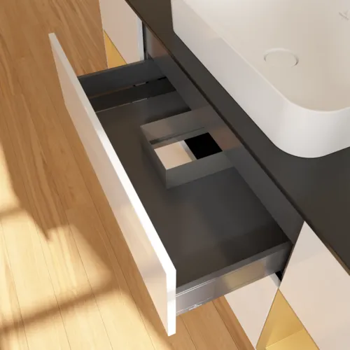 VILLEROY BOCH Toaletní skříňka Finion, s osvětlením, 4 výsuvy, 1600 x 603 x 501 mm, lesklý bílý lak / zlatý matný lak / černé matné sklo #F742HFGF, obrázek 8