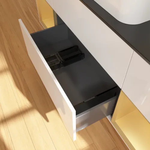 VILLEROY BOCH Toaletní skříňka Finion, s osvětlením, 4 výsuvy, 1600 x 603 x 501 mm, lesklý bílý lak / zlatý matný lak / černé matné sklo #F742HFGF, obrázek 7