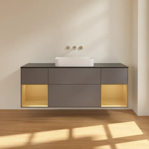 VILLEROY BOCH Toaletní skříňka Finion, s osvětlením, 4 výsuvy, 1600 x 603 x 501 mm, antracit matný lak / zlatý matný lak / černé matné sklo #F742HFGK, obrázek 3