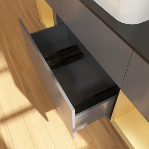 VILLEROY BOCH Toaletní skříňka Finion, s osvětlením, 4 výsuvy, 1600 x 603 x 501 mm, antracit matný lak / zlatý matný lak / černé matné sklo #F742HFGK, obrázek 7