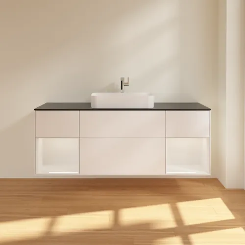 VILLEROY BOCH Toaletní skříňka Finion, s osvětlením, 4 výsuvy, 1600 x 603 x 501 mm, bílý matný lak / bílý lesklý lak / černé matné sklo #F332GFMT, obrázek 3